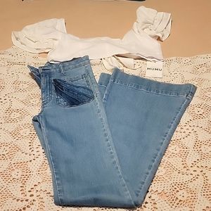 SHOW ME YOUR MUMU OUTFIT! WHITE TUMMY TIE TEE NWT/ ADORABLE FLARE MUMU JEANS 27